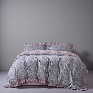 NEW Anthro Lavender Purple Ruffled Queen / King Cotton Bedding Duvet & Sham Set